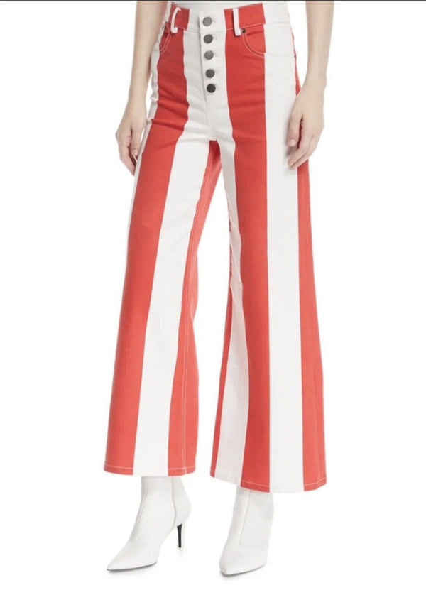Alice + Olivia Red White Striped High Waisted Wide Leg Flare Pants Jeans 28