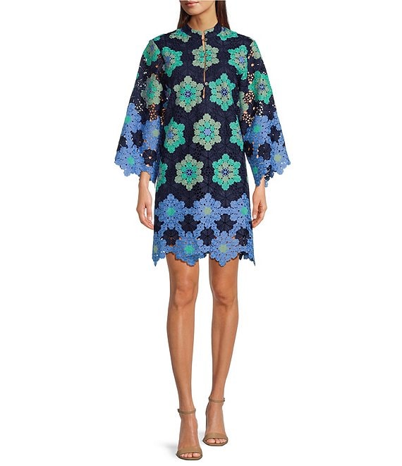 NWT J Marie Helen 3D Lace Blue La Vie Sleeve Shift Kaftan Dress