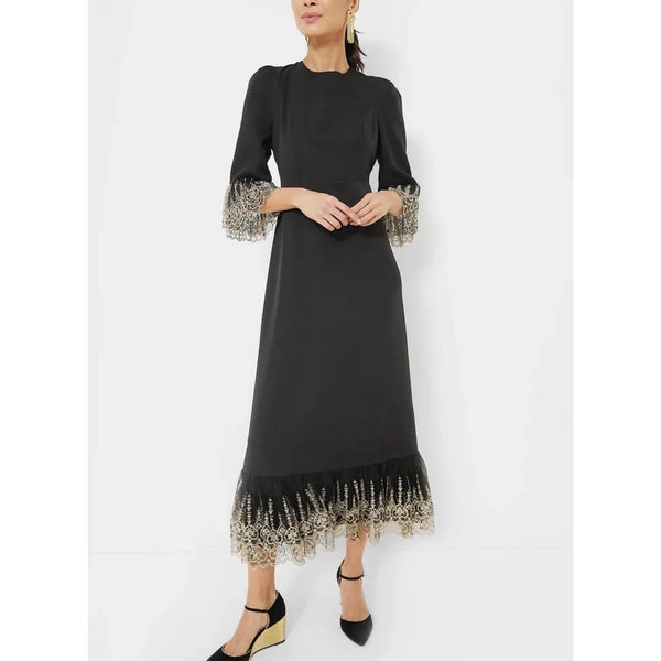 Tuckernuck Pomander Place, Women’s, Gold Embroidered Hem Lilith Midi Dress, Black, Large