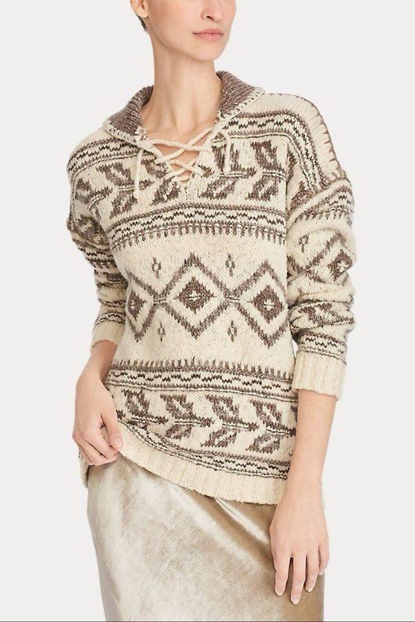 Polo Ralph Lauren Women's Wool Cashmere Geometric Lace-Up Western Sweater – Size XS