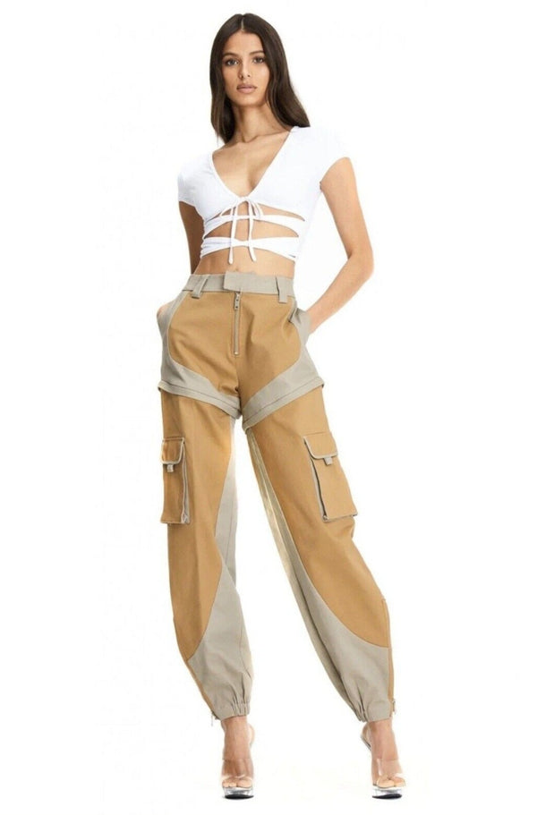 I AM GIA Women's Cargo Utility Zip Off Convertible Pants - Elastic Waist, Tan Khaki, Size Large