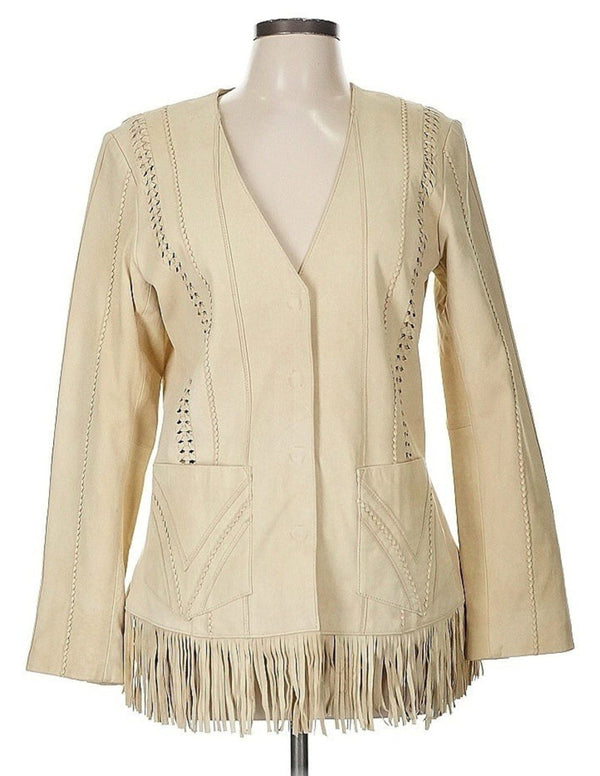 Coldwater Creek Women's  Braided Leather Fringe Jacket – Beige Buckskin – Size Medium