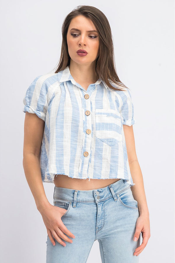 Free People We The Free Away At Sea Short Sleeve Striped Linen Top - Blue White, Size Medium