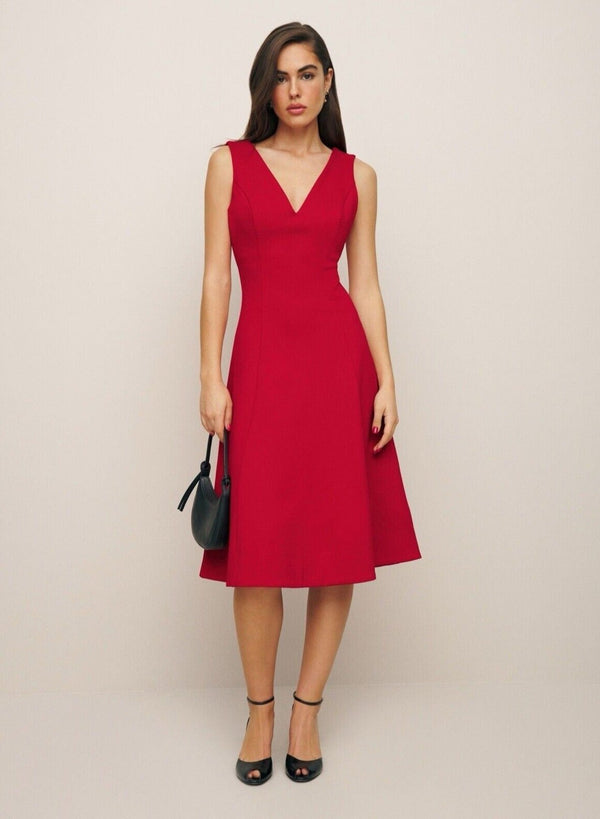 NWT Reformation Mikayla Sexy Fit & Flare V Neck Midi-Dress Red S