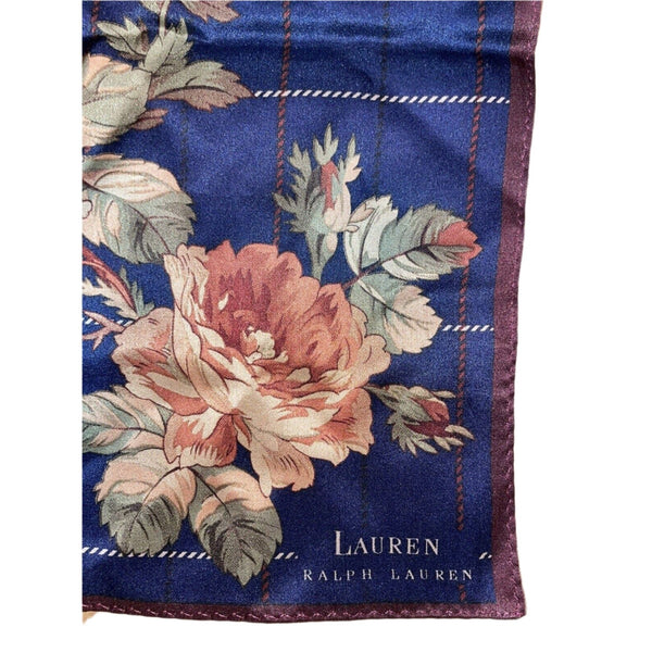 VTG Ralph Lauren 100% SILK Scarf 35” Navy Floral Plaid Rare