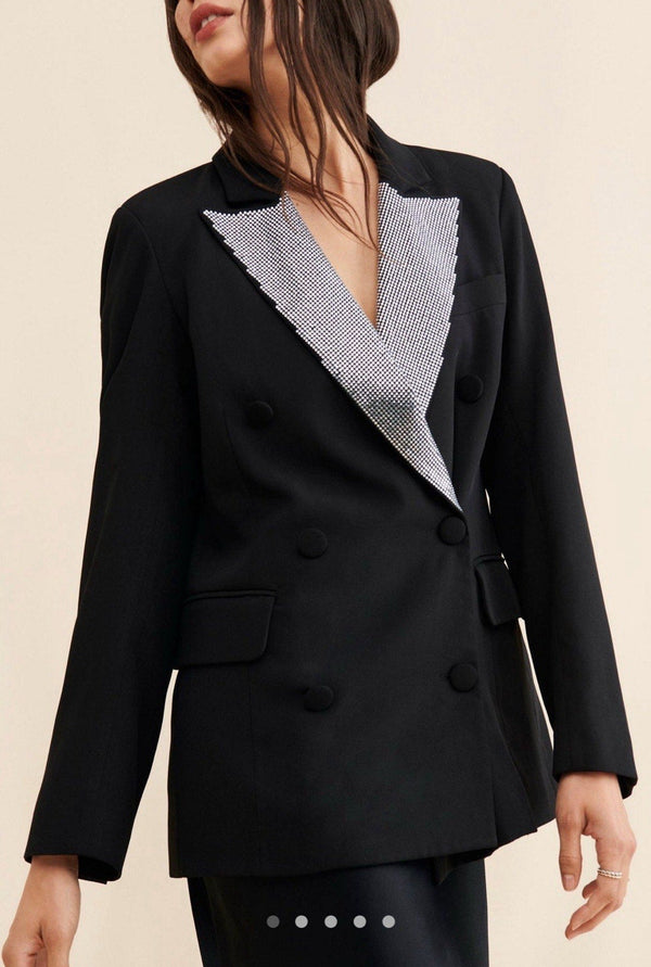 NWOT Avec Les Filles Women's Black Silver Rhinestone Tuxedo Blazer Jacket – Medium