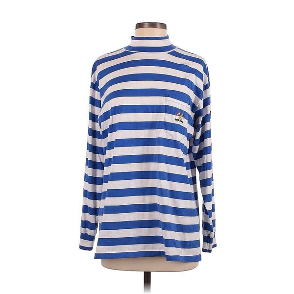 VTG Ralph Lauren Blue White Mockneck Striped Long Sleeve Cotton Crest Logo Small