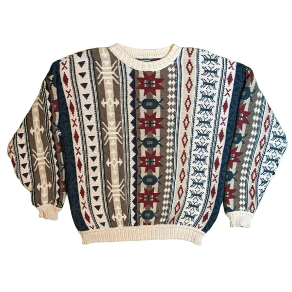 Vintage Chaps Ralph Lauren Women's Patchwork Tribal Aztec Hand Knit Sweater - Size Medium