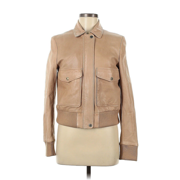 Massimo Dutti Brown Tan Cream Bomber Leather Zipper Jacket Medium