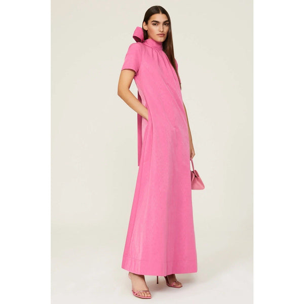 Staud Ilana Lollipop Pink Taffeta Tie Back A-line Maxi Dress Gown Short Sleeve