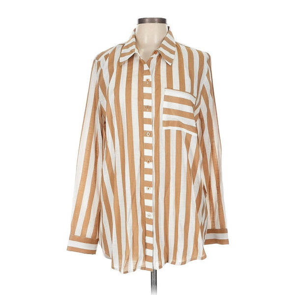 STUDIO 1886 Women's Tan & White Striped Collared Button Down Shirt Size Large