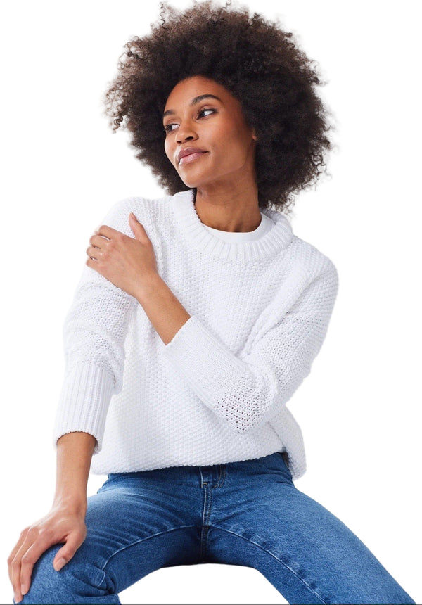 Alice Walk Women’s Cotton Fisherman Crewneck Knit Sweater – White, XS