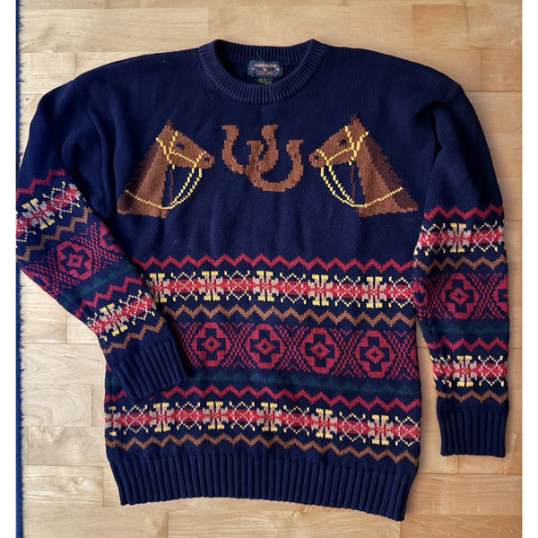 VTG Charter Club Horse Equestrian Blue Green Cotton Sweater Horse Western S