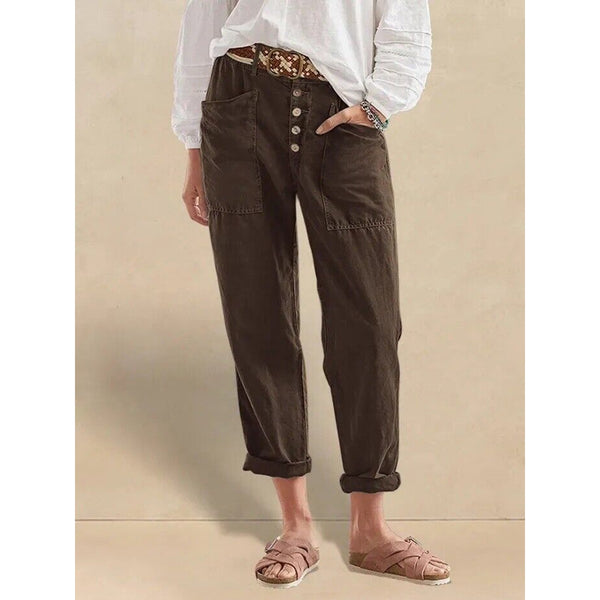 Lintico Pants Brown Button Fly Straight Taper Stretch Waist Linen Blend XL