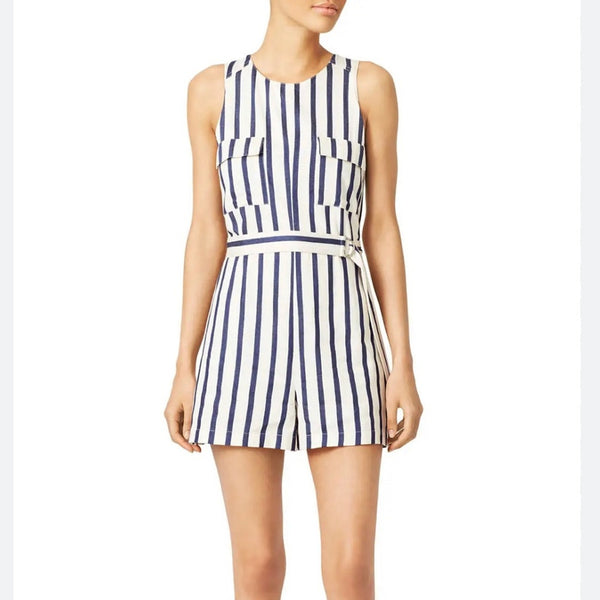 ASTR blue candy striped romper shorts sleeveless blue white nautical NO BELT S