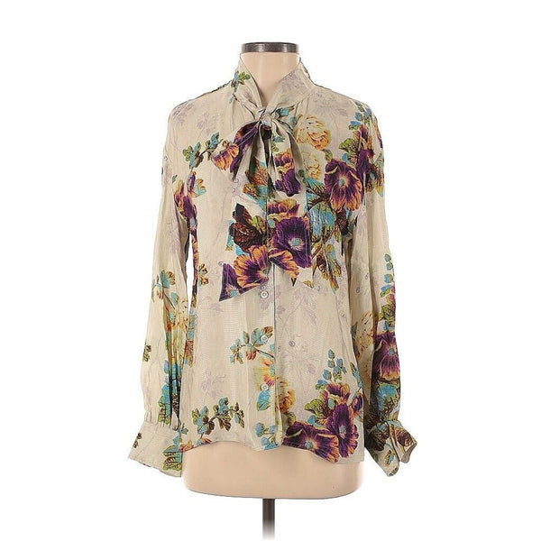 Tory Burch Women's Printed Floral Bow Tie Neck Blouse - Cream, Size 4
