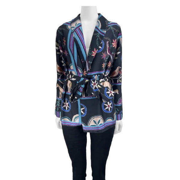 NWOT PatBO Women’s Black Retro Horse Print Tie Waist Blouse Size Large