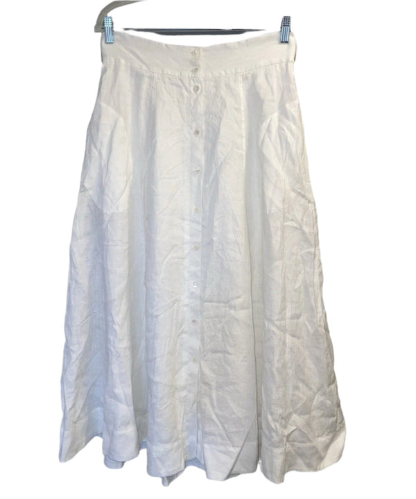 NWT Carlisle Women's High Waist Button Belted Linen Poplin Midi Skirt in White, Size 10