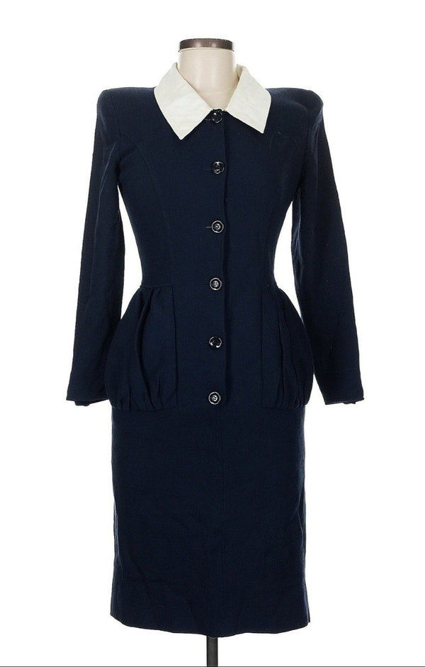 VTG Valentino Women’s Black & White Collared Long Sleeve Sculpted Midi Dress | Size 8