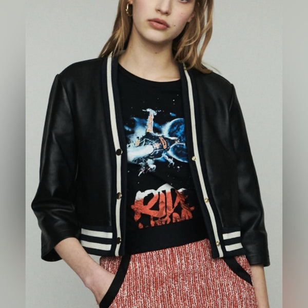 Maje Women’s Black & Cream Varsity Jacket – Cropped Leather 3/4 Sleeve – Size 40 (US 8)