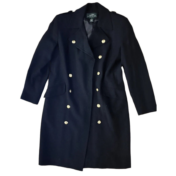 VTG Ralph Lauren Black Wool Blend Coat Equestrian Military Gold Buttons 12