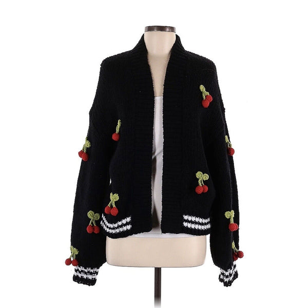 Anthropologie Women's Maeve 3D Cherry Print Varsity Knit Cardigan Sweater One Size