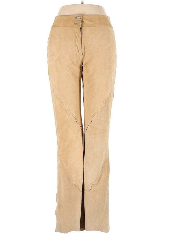 Effemme Women's Tan Cream Suede Leather Pants, Scallop High Waist EU 42 / US 10 (30x29.5)