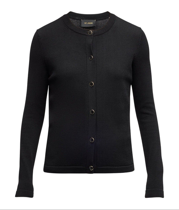 St. John Women’s Santiago Crewneck Cardigan – Black w/ Gold Buttons, Size XL