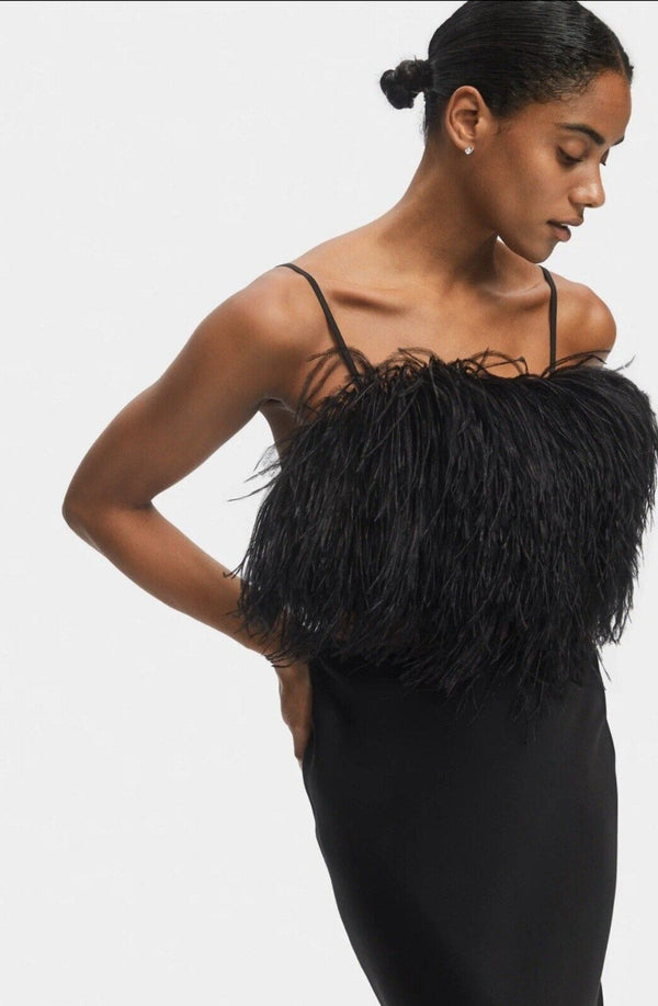 NWT sleeper Boheme Black Ostrich Feather Satin Crop Top Small