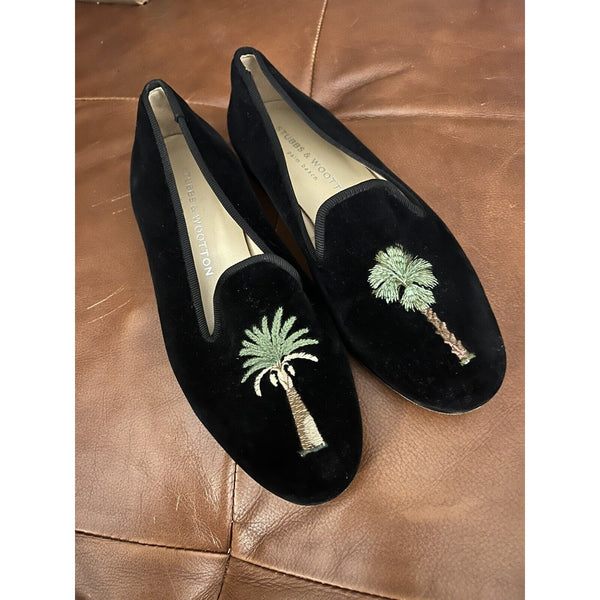 Stubbs Wootton Black Velvet Palm Tree Tropical Beach Loafers 6.5