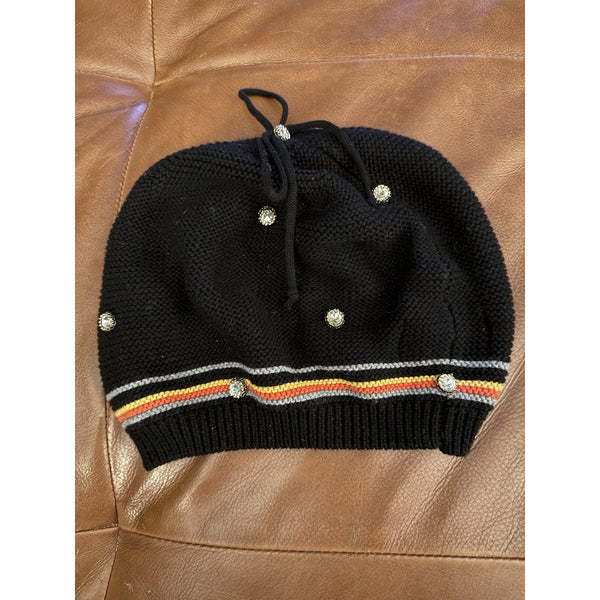 Sherel’s New York Black Beanie Knit Rhinestone Stripe Cotton