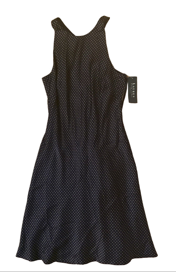 VTG NWT Ralph Lauren Women’s Polka Dot Swing Criss Cross Dress – Black Silk, Size 10