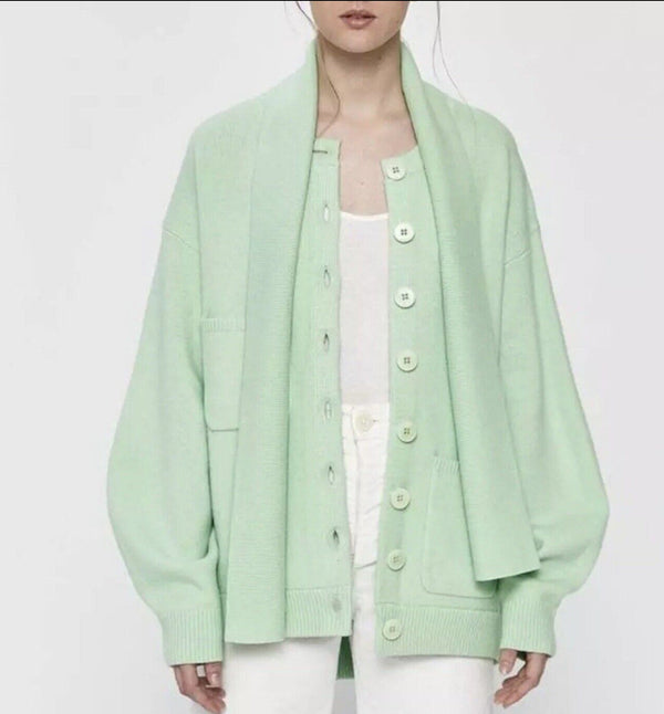 Tibi Airy Wool Tie Collar Oversized Cardigan Sweater with Scarf Pastel Green M