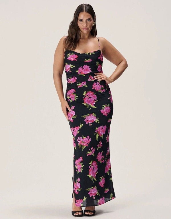 Adoore Vienna Open Back Midi Dress Pink Black Floral Print Size 14