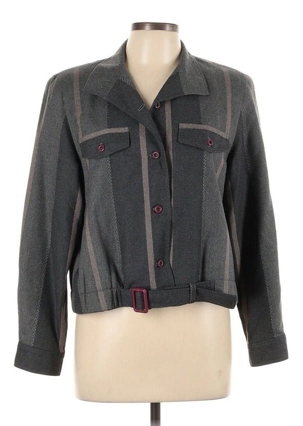 VTG Rene Portier Women's Grey Stripe Bomber Jacket, Retro Style, Size 12