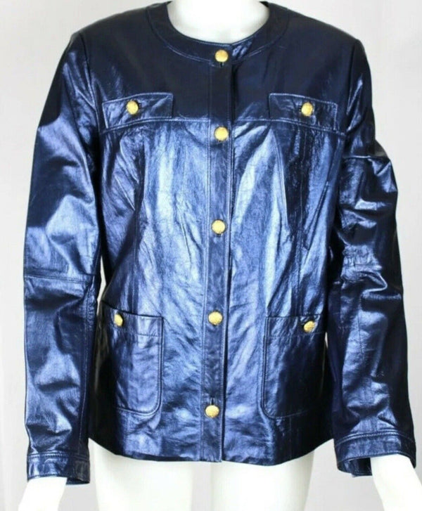 St John Women's Leather Silk Lined Gold Buttons Metallic Jacket - Bright Marine Blue, Size 8