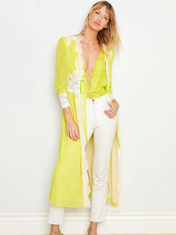 HAH Hot As Hell Women's Yellow Lace Robe Duster Kimono in Limelight - Size Small