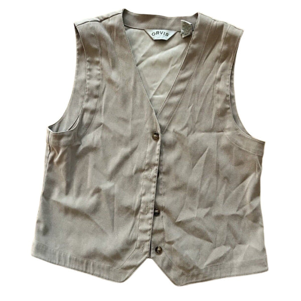 VTG Orvis Women's Tan and Cream V-Neck Button Vest, Medium