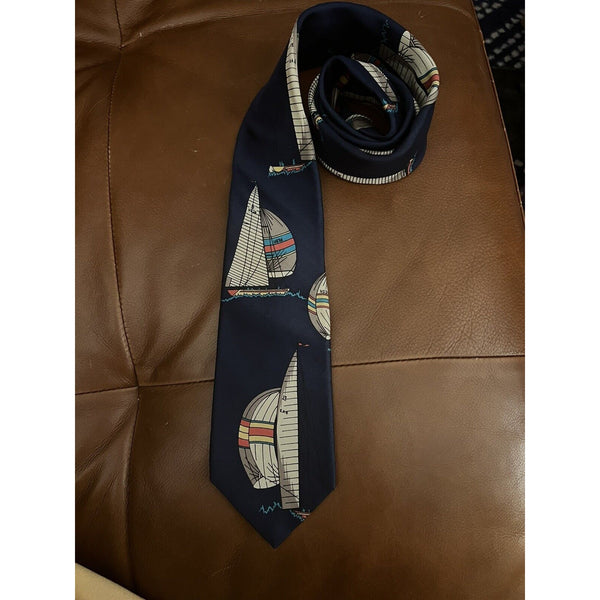 Rooster West End Collection Nautical Tie Sailboats Blue Navy Silk Made in USA