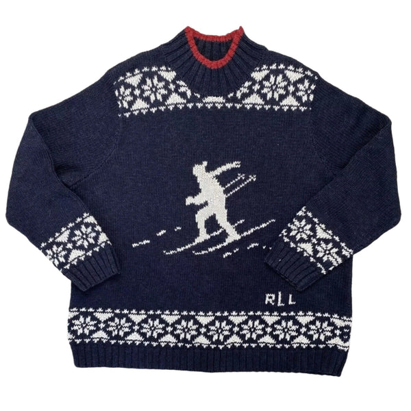 VTG Lauren Ralph Lauren Hand-Knit Ski Sweater, Black with Red Snowflake and Skier Design, 1X