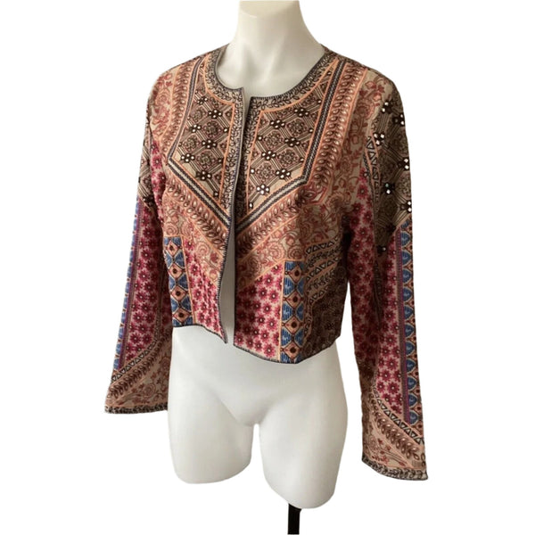 Soft Surroundings Floral Mirror Bead Embroidered Crop Bolero Jacket Open Front M