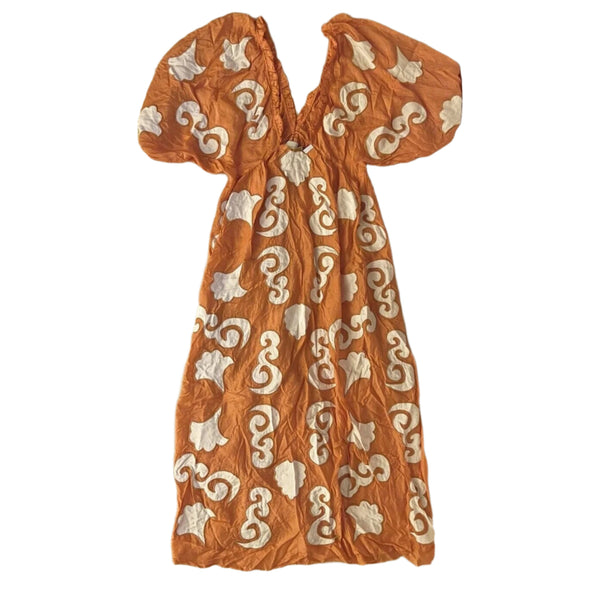 Chufy Women's Orange Embroidered V-Neck Kaftan Dress - Size XS - Flawed