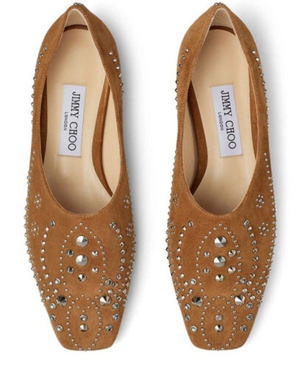 Jimmy Choo Women's Joselyn Tan Brown Suede Leather Flats with Silver Crystal Stud Detail, Size 37