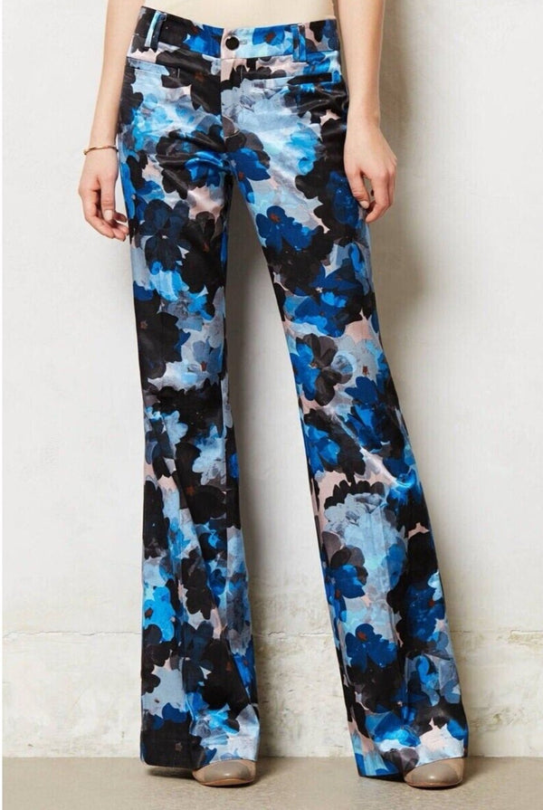 Elevenses Floral Brighton Wide-Legs Trouser Pants Size 6 Blue ANTHROPOLOGIE