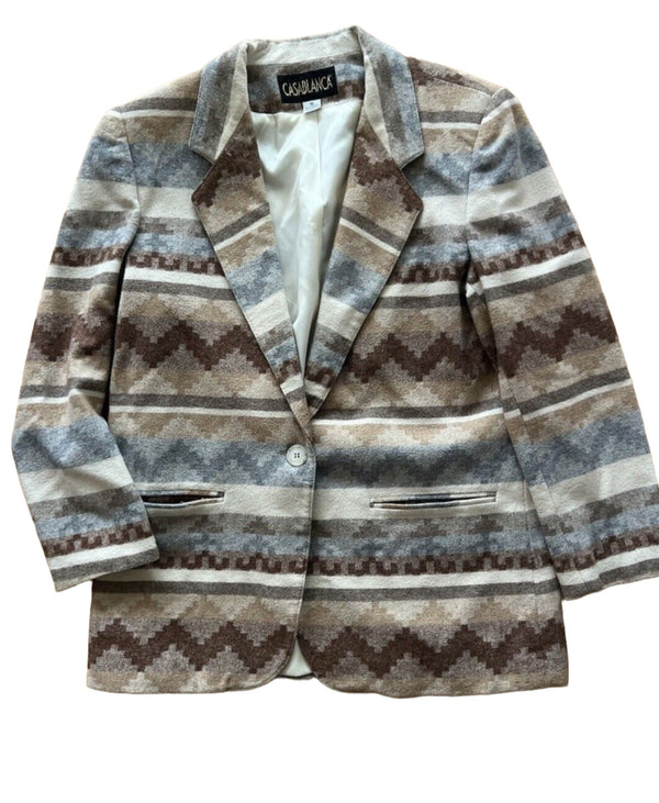 VTG Wool Blend Aztec Print Blazer Jacket Women's Equestrian Southwestern Beige Tan Size 10