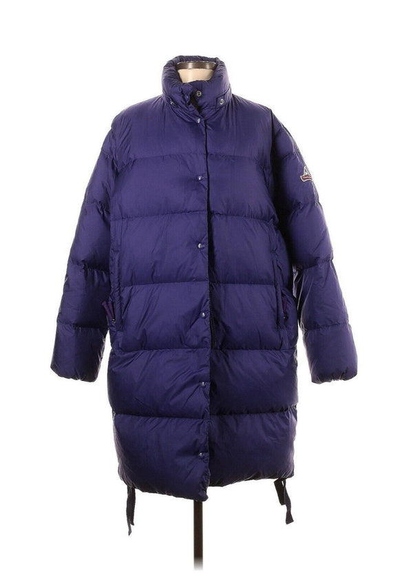 Holubar Women's Mustang Long Puffer Jacket Coat in Purple with Snap Hood and Duck Down, Size Small