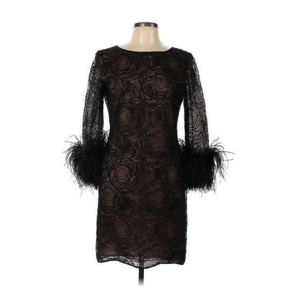 Oscar De La Renta Black Ostrich Feather Cuff Embroidered Mini Dress Black Medium