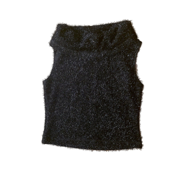 Willie Smith Women’s Funnel Neck Black Fuzzy Tinsel Sleeveless Sweater Top Medium