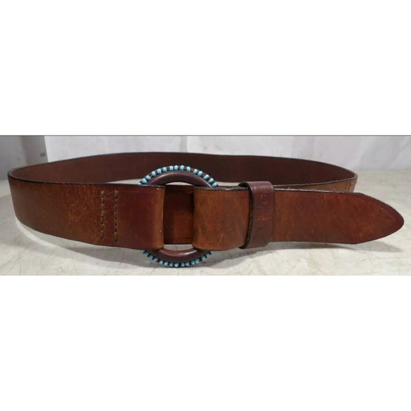 VTG Brown Leather Ralph Lauren Turquoise Beaded Western Fashion Belt Medium