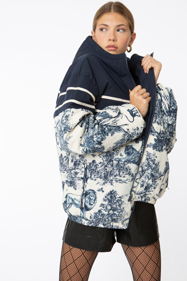 Ell And Emm Toile L’amour Paris Blue White Print Puffer Jacket M/L